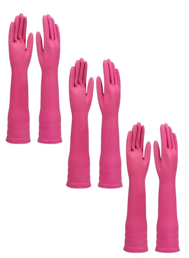 MPR4 Rubber | Reusable | Heavy Duty | Hand Gloves For Dishwashing | Gardening | Kitchen Cleaning Non-Slippery kitchen | Food Processing | Industrial Long Elbow Length 3 pair Multicolour (pink) - Image 1